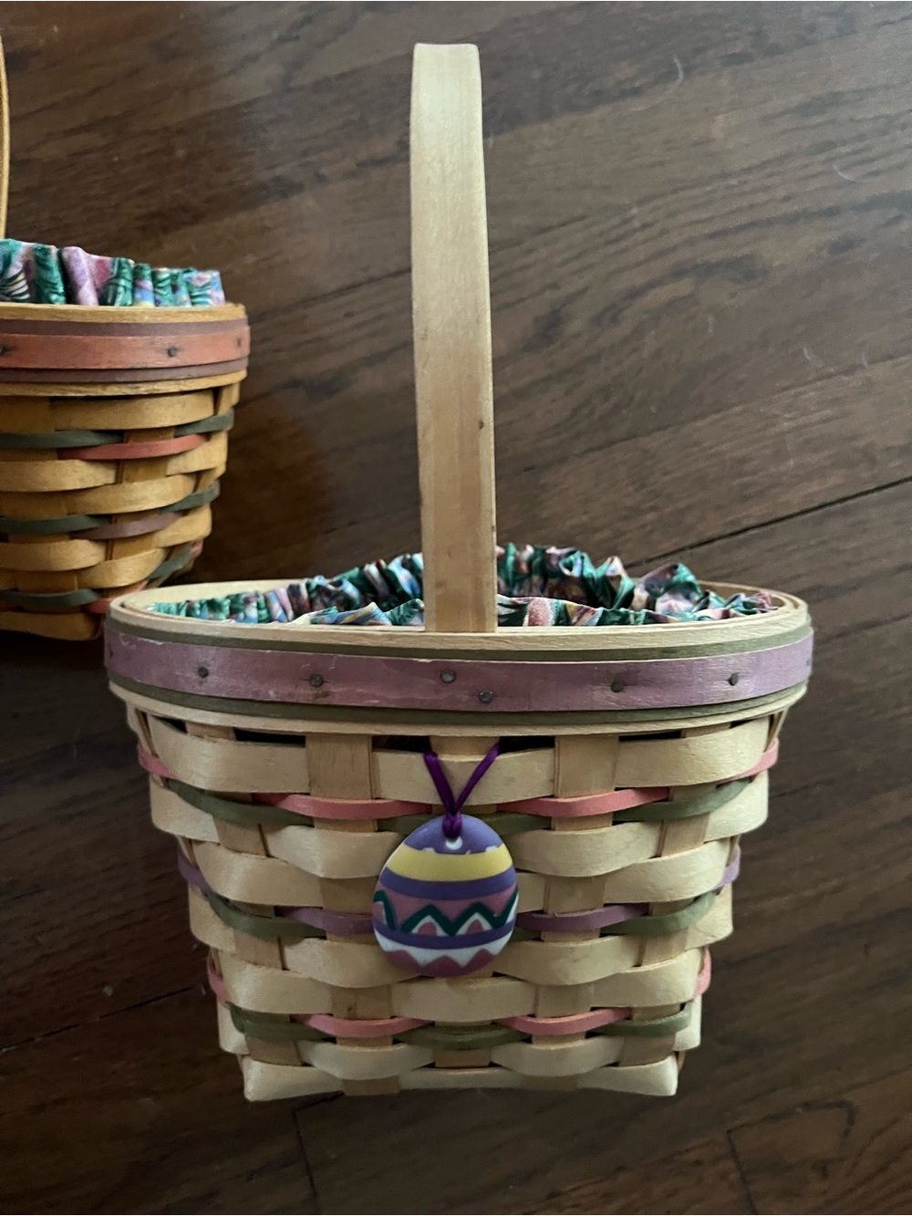 Vintage Longaberger Handwoven Pastel Easter Basket with Decorative Egg Charm